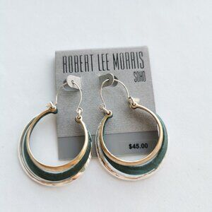 Robert Lee Morris Soho Two Tone Green Enamel Crescent Hoop Earrings Modern Chic